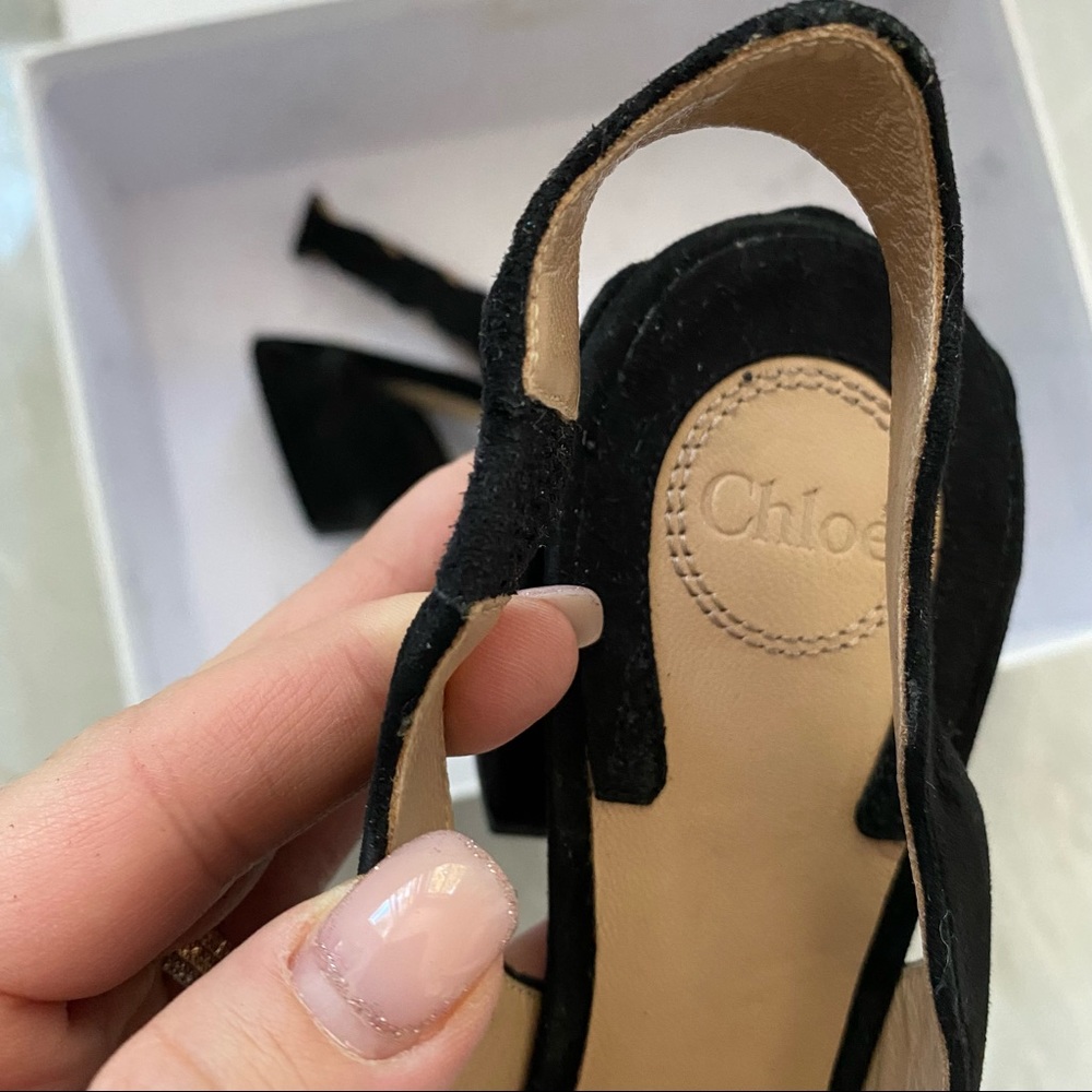 Chloe scalloped sling back suede pumps black block heel - Picture 4 of 11